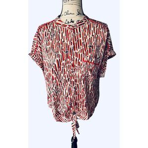 Umgee USA Shirt Women’s Large Red Black Abstract Button Up Tie Front K6122 NWT